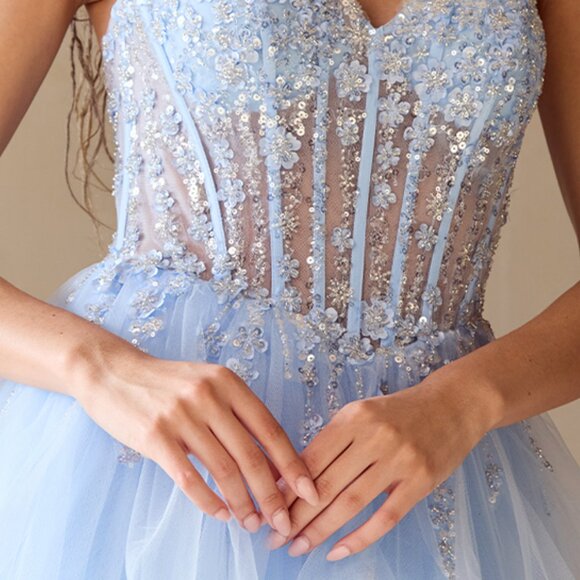 NEW FORMAL FLORAL EMBELLISHED BALL GOWN W/ V-NECKLINE & SHEER BODICE AC 5068 - Picture 6 of 11